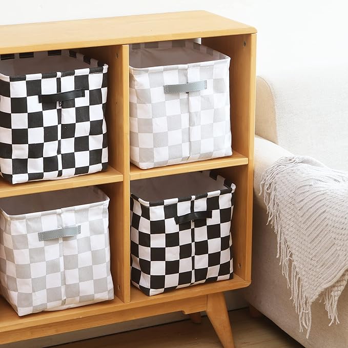 Hinwo 3-Pack Cubic Organizer Shelf Bins, Canvas Fabric Storage Baskets with Handles, 22L/5.8-Gal Square Storage Bins, Cubes, Collapsible Storage Box, 11 x 11 x 11 Inches (S, Grey Checkerboard)
