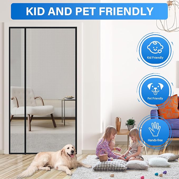 Magnetic Screen Door Mesh Left Right Side Opening Upgraded PET Material Mesh Stronger Than Fiberglass and Polyester,Keep Bugs Out,Pet & Kid Friendly,Hands Free,Fit Door Size 80" X 96"