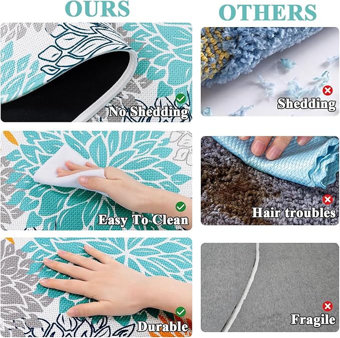 Vaukki Bathroom Rug Set 3 Piece, Non Slip Absorbent Rubber Backed Floral Bath Floor Mat Fit Under Door, Ultra Thin Quick Drying Bath Rug for Shower, Tub and Toilet, 17"x26"+17"x32"+17"x24"U, Teal