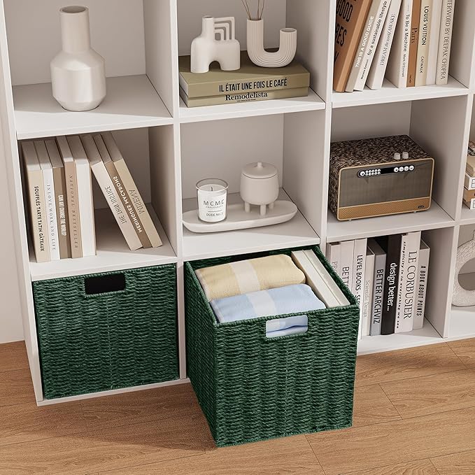 Vagusicc Wicker Storage Basket, Set of 2 Hand-Woven Paper Rope Wicker Basket, Foldable Cube Storage Bins, 9 inch Square Storage Baskets for Organizing Shelves & Decor, Green (9″×9″×9″)
