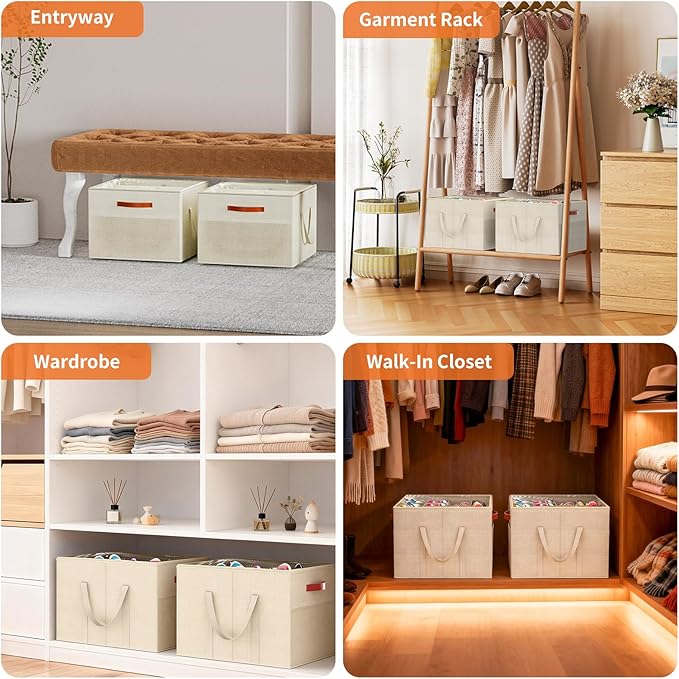 Aokeyee 2 Pack Shoe Organizer for Closet, Foldable Shoe Storage Organizer Box w/Clear Cover and Reinforced Handles, Space Saving Shoes Bin Fits up to 32 Pairs, Beige