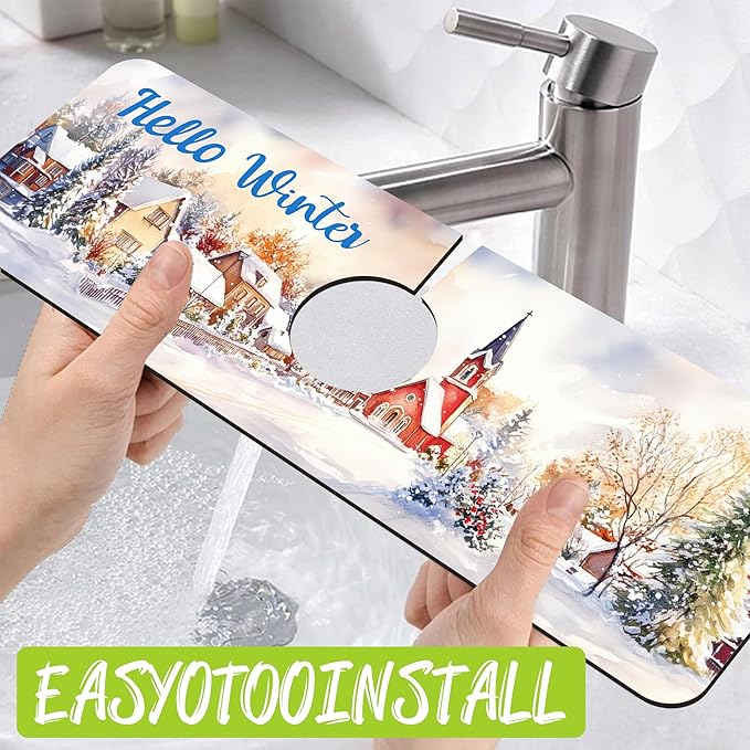Chrismas Sink Faucet Absorbing Mat Hello Winter Sink Splash Guard Drying Mat for Kitchen Bathroom Faucet Sinkmat 15.5"X5.5"