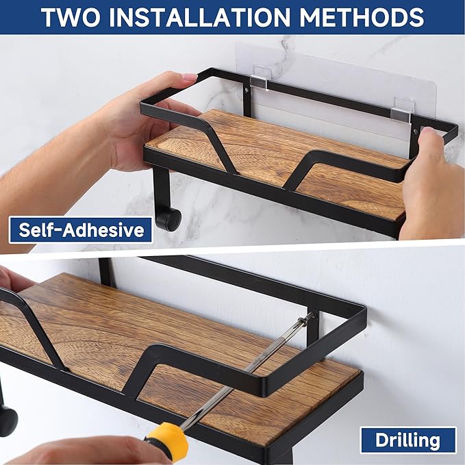 Paper Towel Holder - Kitchen Towel Holder with Shelf Wooden Spice Rack Organizer with 4 Hooks(Self-Adhesive & Wall Mounted)