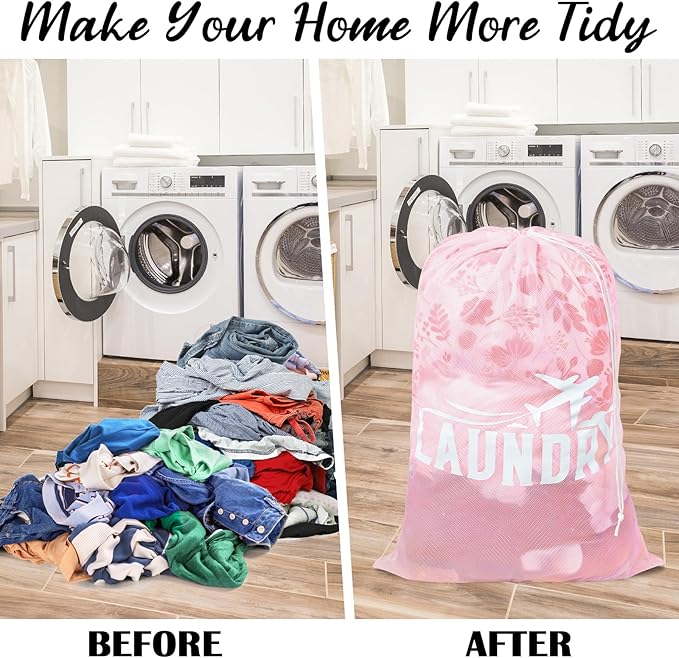 2 Pack Large Mesh Laundry Bag, Heavy Duty Laundry Bags with Drawstring, Laundry Hamper Liner, Machine Washable, for Travel, Storage, Sports, Dorms and Apartment Dwellers, 24 x 36 Inches (Pink+Green)