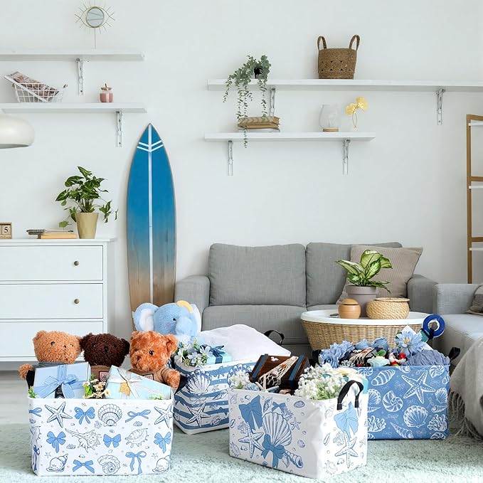 4 Pcs Coastal Beach Storage Basket Fabric Laundry Baskets with Handle Summer Ocean Blue Bow Foldable Organizer Boxes for Office Home Bedroom Baby Cloth Toy Book 15 x 10 x 8