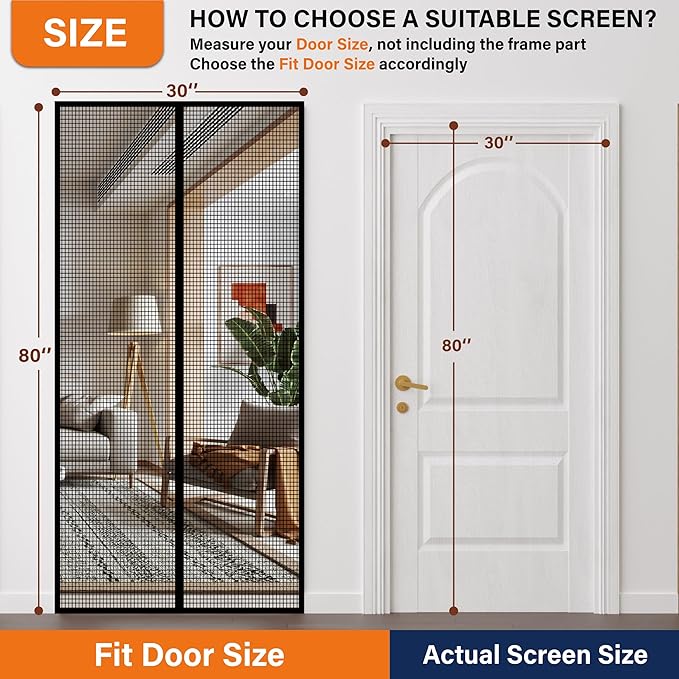 Magnetic Screen Door，Fiberglass Screen Door Mesh，Keep Bugs Out, Heavy-Duty Mesh Curtain,Pet and Kid Friendly, Works with Front Doors, Sliding Doors（38x83 Inch Fiberglass