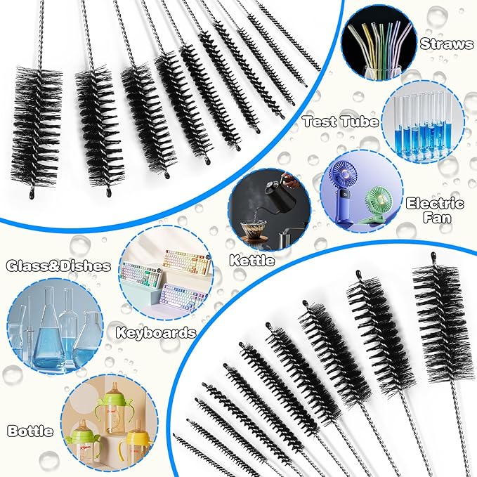 Cleaning Brushes Set, 10 Pieces 8 Inch Nylon Tube Brush + 60 Inch Flexible Long Drain Brush, Hose Pipe Brush, Suitable for Home Kitchen, Bathroom, Fish Tank, Water Pump Accessories (Black)