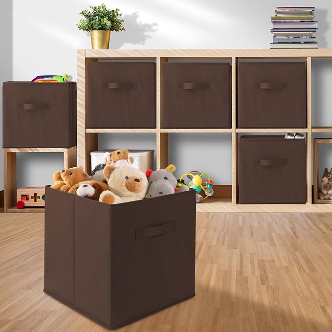 Casafield Set of 6 Collapsible Fabric Cube Storage Bins, Brown - 13" Foldable Cloth Baskets for Shelves, Cubby Organizers & More