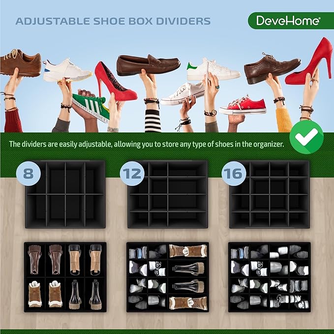2 Pack Shoe Organizer for Closet, Foldable Fabric Shoe Storage Box with Adjustable Dividers and Clear Dustproof Cover, Large Collapsible Shoe Bins & Containers, Holds up to 32 Pairs, Gray