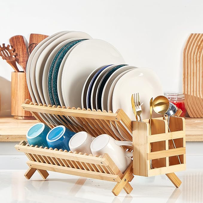 Bamboo Dish Drying Rack-2 Tier, Collapsible Small Dish Rack with Utensil Holder, Wooden Drying Rack for Kitchen Counter, Apartment Essentials Kitchen Plate Holder Organization 34 pcs Grid