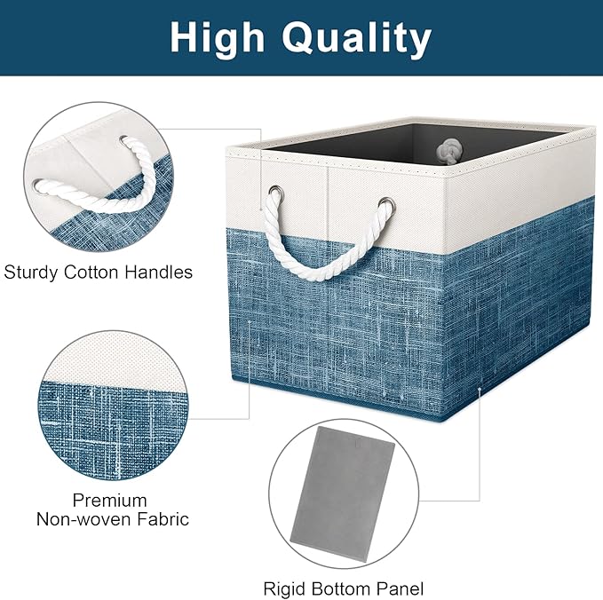 Fab totes Storage Bins [2-Pack], Foldable Storage Baskets for Organizing Toys, Books, Shelves, Closet, Large Storage Box with Rope Handles, Sturdy Organizer Bins, White & Blue