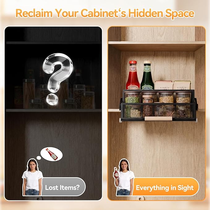 HOUSE AGAIN Pull Out Cabinet Organizer, Recessed 2-Tier Drop Down Storage for High/Deep Cabinets, Compact 12-Inch Hidden Organizer for Spices, Snacks and Small Bottles (Black)