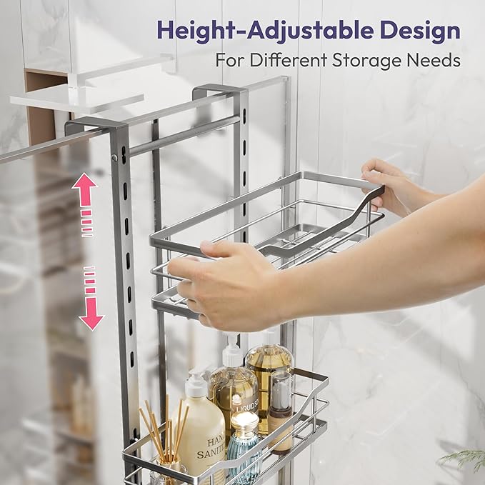 SWTYMIKI Over the Door Shower Caddy - 3 Tier Adjustable Shower Organizer Hanging with Soap Holder, No Drilling Stainless Steel Bathroom Rack Hanging for Body Wash, Shampoo, Soap, Razor, Silver
