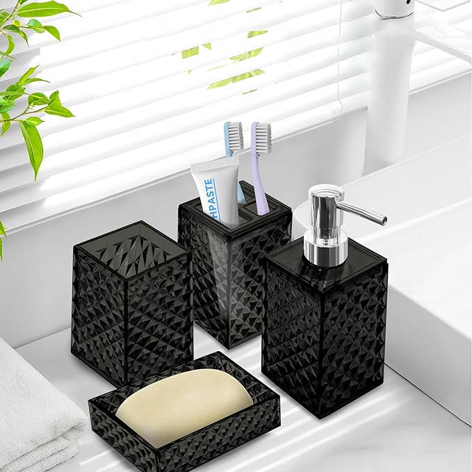 Bathroom Accessory Set, 4 PCS Black Bathroom Accessories Set, Soap Dispenser and Toothbrush Holder Set, Soap Dish and Mouthwash Cup, Boho Bathroom Decor, Bathroom Sets Accessories