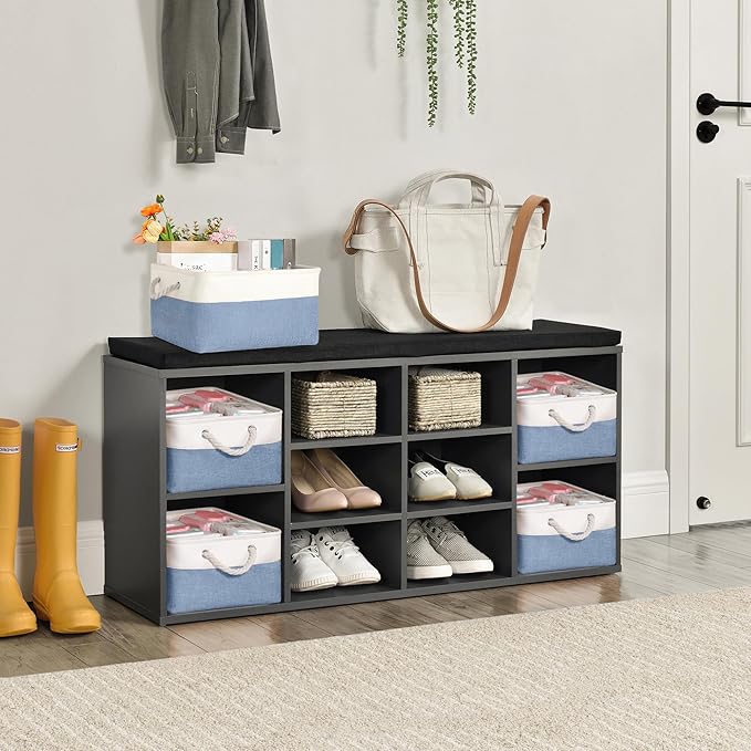Storage Bins with Sturdy Cotton Handles(3 Pack), Fabric Storage Baskets for Organizing use for Office & Home, Book, Clothes, Toys, Closet Boxes (Medium, Blue-White, 14.2x10.2x7.1 inches)