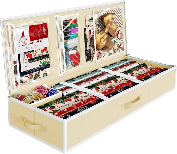 Simple Houseware 41.5" Wrapping Paper Storage Organizer - Fits 40 Rolls with Adjustable Straps, Interior Divider for Ribbons & Bows, 3 Clear Pockets for Gift Bags & Tools, 41.5''L x 16''W, Beige