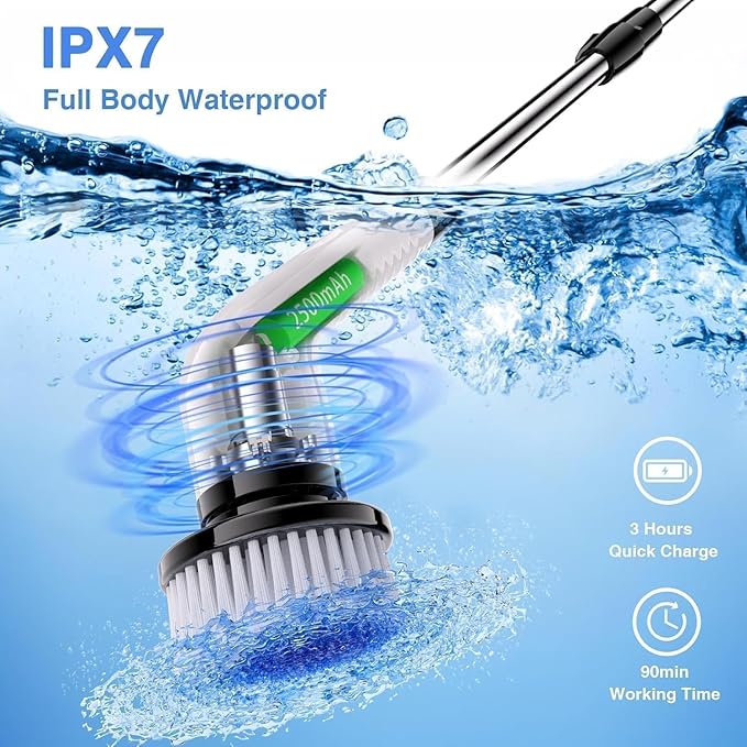 Avonley 7-in-1 Electric Spin Scrubber, 25W Powerful Cordless Cleaning Brush with Adjustable Handle & 7 Replaceable Heads for Bathroom, Floor, Tile, Kitchen & Car