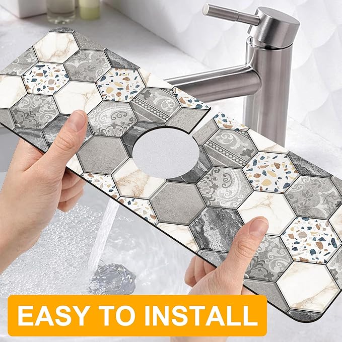2 Pack Hexagon Marble Sink Splash Guard Faucet Mat Gold Glitter Lines Marble Super Absorbent Fast Drying Mat Sink Gadgets-Splash Guard Behind Faucet Drip Catcher for Kitchen Bathroom, 15.5"x5.5"