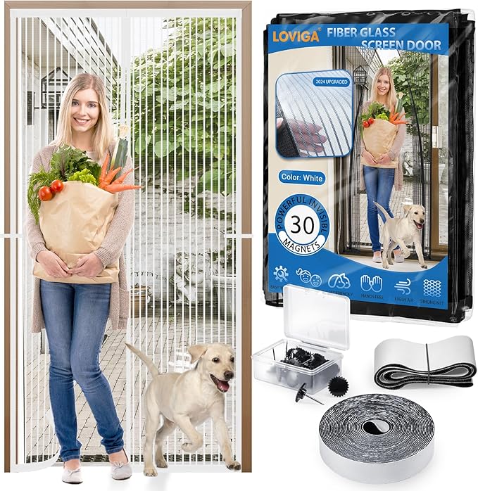 Heavy Duty Door Screen Magnetic Closure, LOVIGA Thickened Fiberglass Screen Door Mesh, Self Sealing, Tear Resistant, Easy Assemble, Fine Mesh Keep Bugs Out Fit Door Size 30 Inch X 82 Inch White