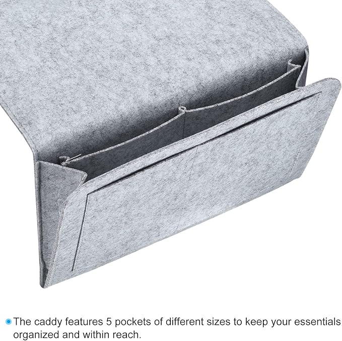 PATIKIL 13in Bedside Caddy, Bed Caddy Bedside Organizer Hanging 5 Pocket Soft Bed Pockets Bedside Storage Organizer Remote Control Holder for Bedroom Phones Glasses, Light Grey