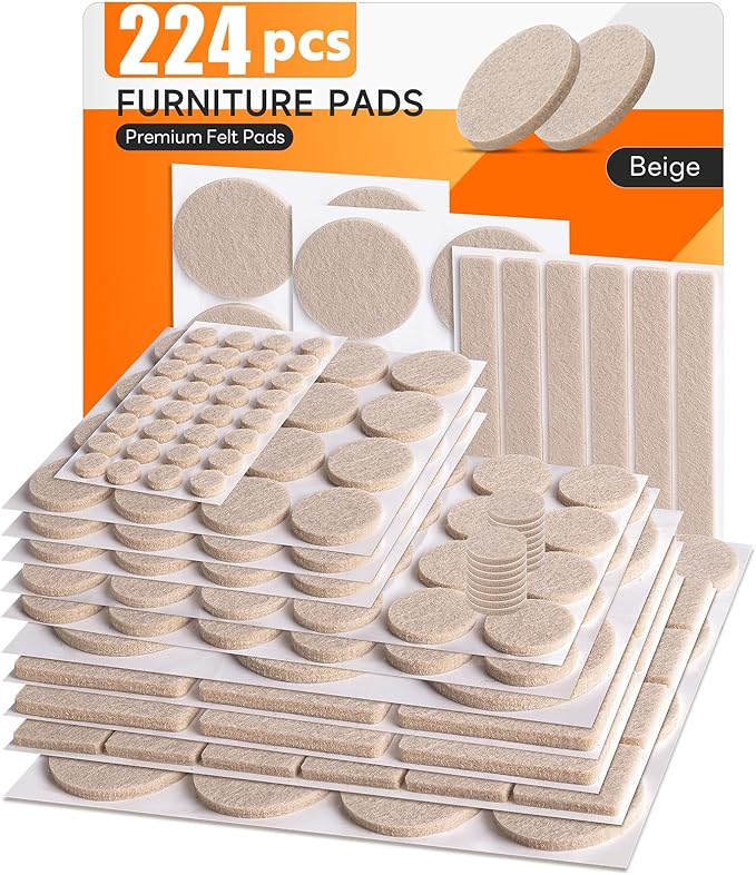 Felt Furniture Pads 224 PCS, 10 Sizes, Felt Pads for Chair Legs, Suitable for Round and Square Chair Legs, to Prevent Scratches, Reduce Noise and Protect The Floor (Beige)