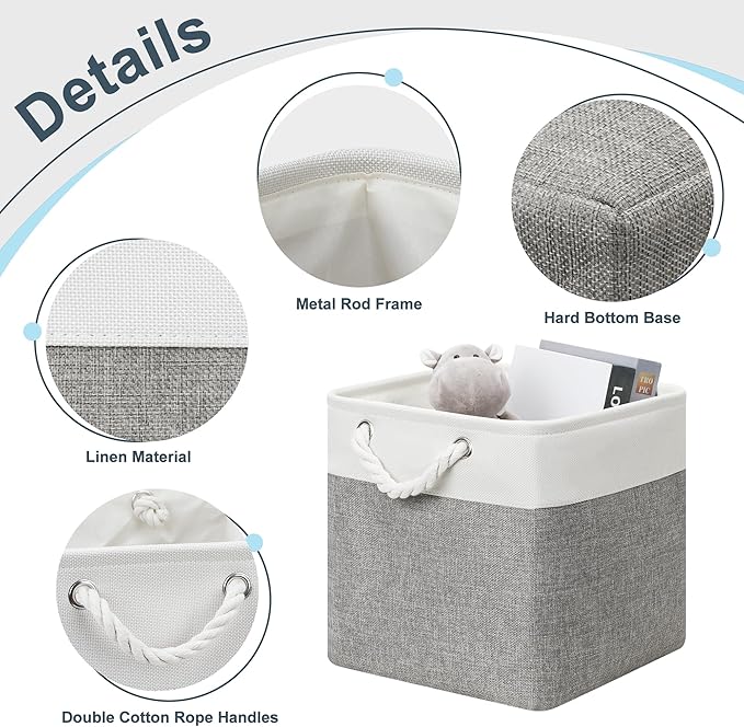Posprica 11×11×11 Storage Cubes, Collapsible Storage Bins Organizer for Closet, Fabric Storage Box with Cotton Rope Handles, Decorative Storage Baskets for Shelves, Nursery, Toy, set of 6 - White/Gray