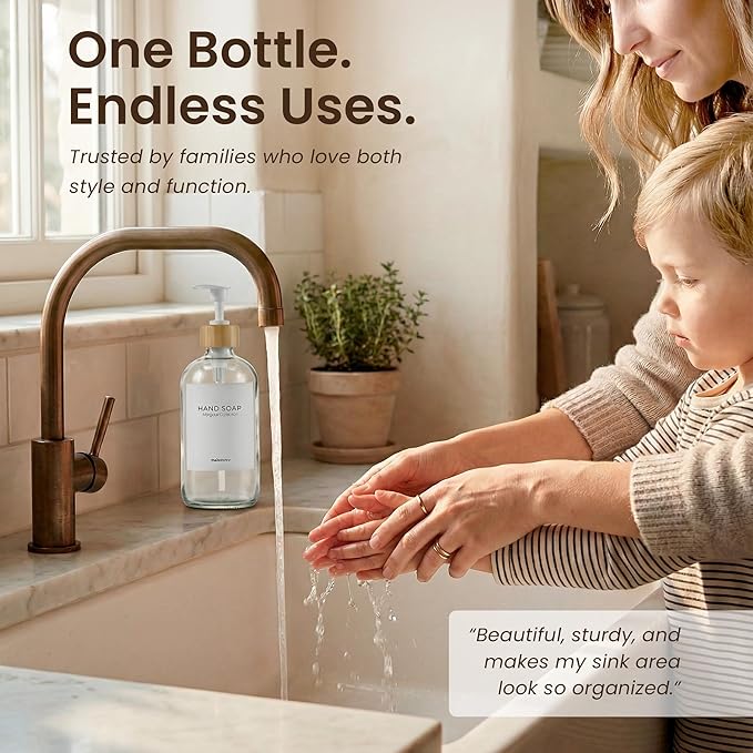 MaisoNovo Glass Hand Soap Dispenser | Dish Soap Dispenser for Kitchen | 16.9oz Clear Bottles with White Bamboo Pump | Bathroom Lotion Dispenser