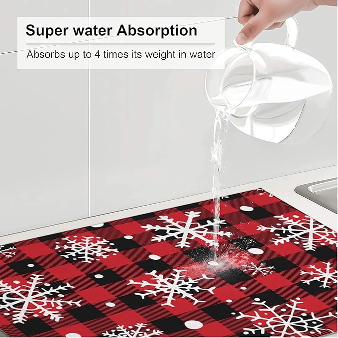 3Pcs Christmasw Checked Dish Drying Mat & Kitchen Sink Splash Guard Faucet Mat For Kitchen Counter Absorbent Microfiber Dishes Pad Dish Drainer Rack Mats Fast Dry Kitchen Accessories