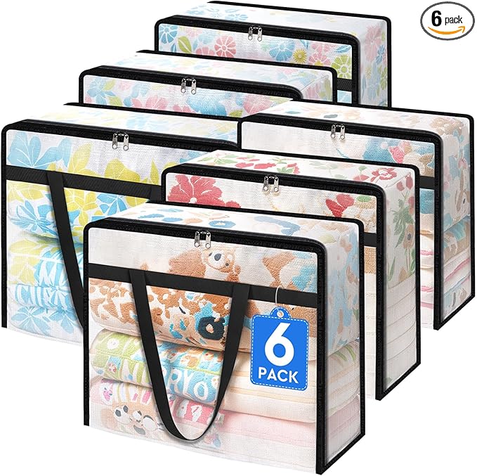 6 Pack Clear Storage Bags for Comforter, Clothes & Bedding, Plastic Blanket Storage with Zipper and Handle, Moving Bags, Closet Organizer and Under-Bed Storage (90L)