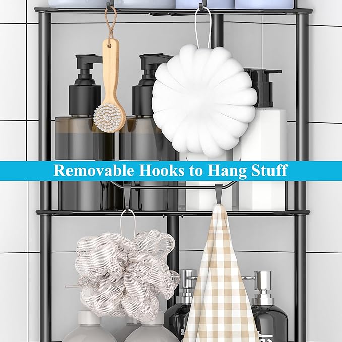 2 Tier Floor Standing Corner Shower Caddy Organizer Shelf with Hooks, Bathroom Shelves Stand Rack, Matt Black
