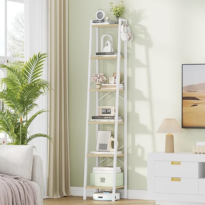 Ladder Shelf, Bookshelf Bookcase, Freestanding Corner Storage Shelve with 2 Hooks for Home Office, Living Room, Kitchen, Bedroom, Industrial, 11.8" D x 13.4" W x 72.8" H, White Oak and White