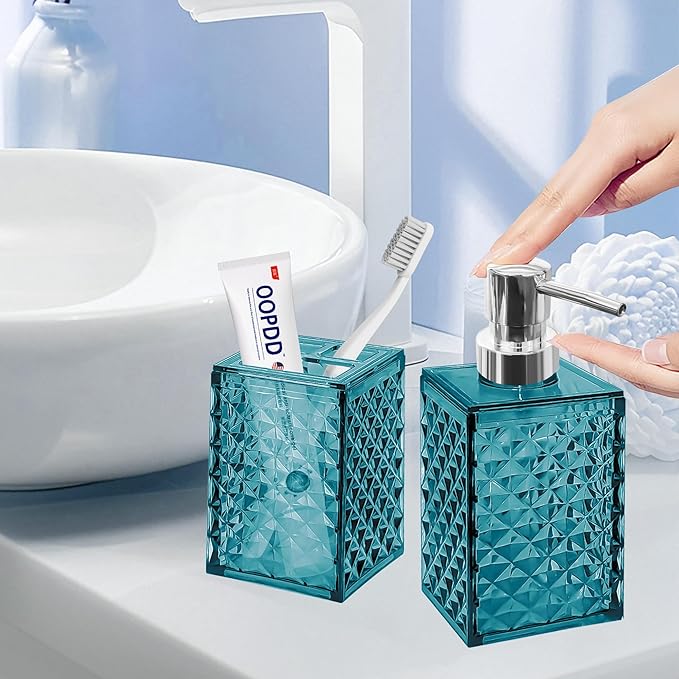2PCS Lake Blue Bathroom Accessories. Contain Soap Dispenser and Toothbrush Holder Set. Boho Bathroom Set for Blue Bathroom Décor