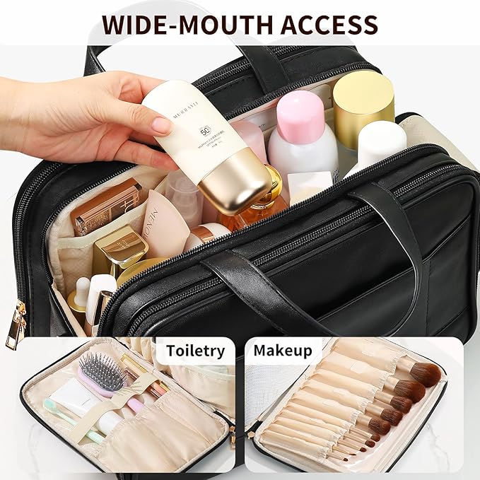 Large Travel Makeup Bag for Women with Luggage Sleeve and Reinforced Dual Handles, Featuring 10 Independent Elastic Brush Slots and 25 Pockets, Large Capacity Waterproof Cosmetic & Toiletry Organizer