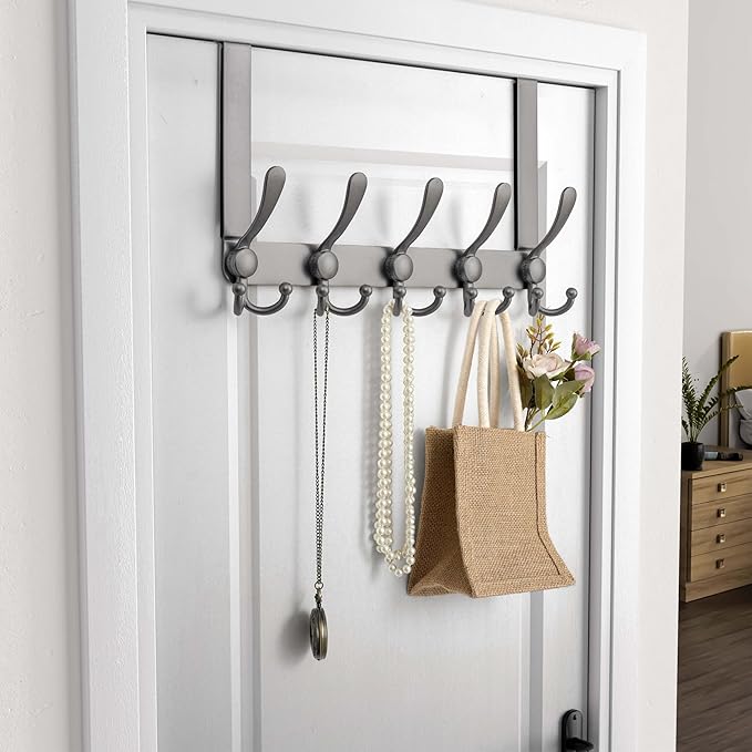Dseap Over Door Hook 2.0 - Upgraded Version - Simple-Assembly, Strong, Heavy-Duty Stainless Steel 5-Tri-Hook Over The Door Hanger Rack, SimpleStrong Series, Grey