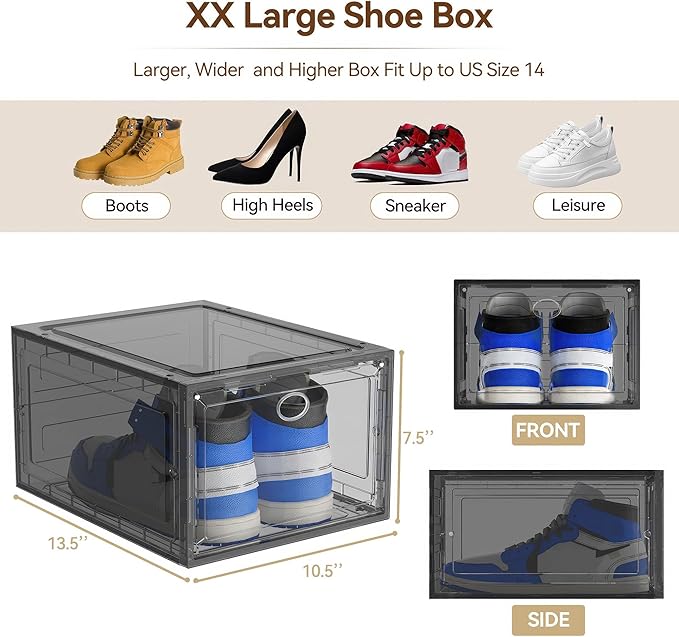 Katoora XX Large Clear Shoe Storage Box Organizer for Closet, 9 Pack Thicken Hard Plastic Stackable Shoe Sneaker Rack Display Case Container Bins Organizer, Easy Assembly, Grey