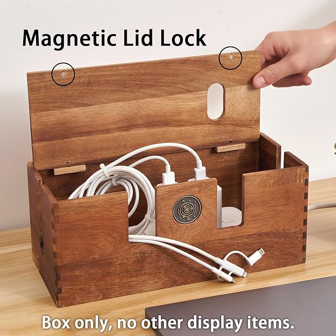 Acacia Wood Cable Management Box - Wooden Cord Hider & Organizer for Desk & Floor, Power Strip & TV Wire Concealer, Under Desk Storage for Office, Home Electrical Cables