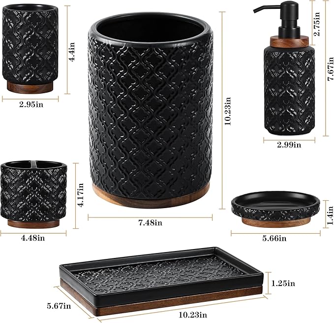 Bathroom Accessories Set 6 Pcs Toothbrush Holder Soap Dispenser Ceramic and Wood Bathroom Set with Trash Can Soap Dispenser Toothbrush Holder Tray Tumbler Soap Dish Black