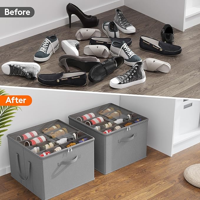 Lifewit Shoe Storage Organizer for Closet, Fabric Large Shoe Box Storage Containers with Clear Cover, Foldable Bins for Boots Heels Sneakers Fits 36-48 Pairs (Each 12-16 Pairs) 3 Pack Light Gray