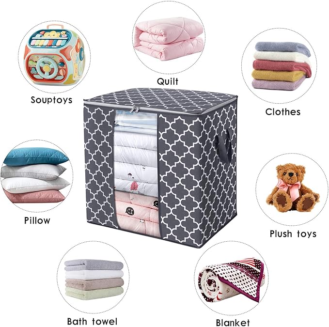 WISELIFE Storage Bags 2 Pack/100L Large Blanket Clothes Organization and Storage Containers for Comforters,Bedding, Foldable Organizer with Reinforced Handle, Clear Window, Sturdy Zippers,Gray