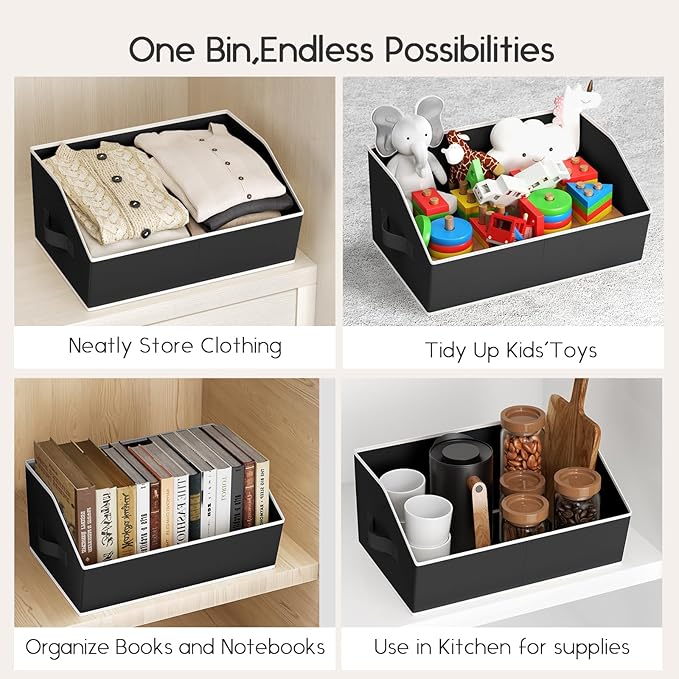 Large Closet Organizers and Storage Bins - 10 Pack Trapezoid Storage Baskets for Shelves, Foldable Fabric Baskets with Handles Ideal for Closet, Basket, Wardrobe and Shelf Storage, Black
