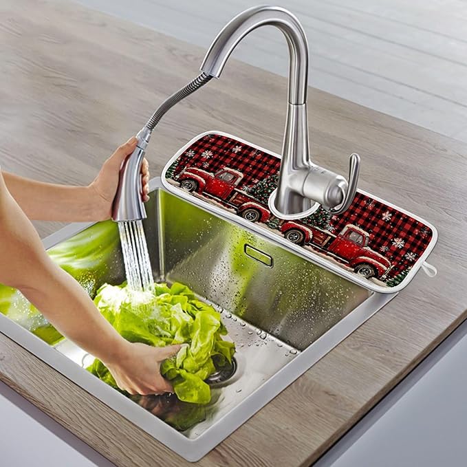 2 Pack Faucet Splash Catcher Red Truck Plaid Christmas Tree Sink Mat for Faucet Absorbent Kitchen Splash Guard Drip Catcher for Farmhouse Barthroom Bar, L