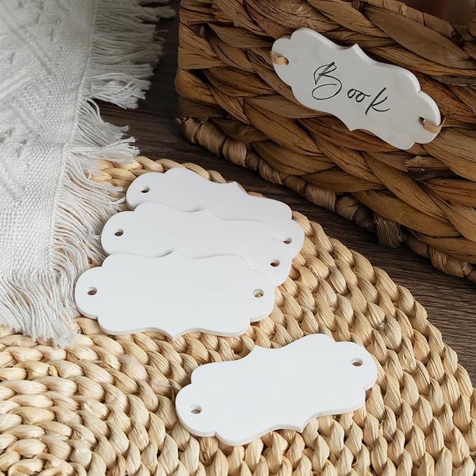 Temlum 18 Pcs Acrylic Basket Labels, Storage Tags with Chalk Marker Removable Label for Wire, Wicker, Woven Baskets & Pantry Storage (Wavy Shape 02, White)
