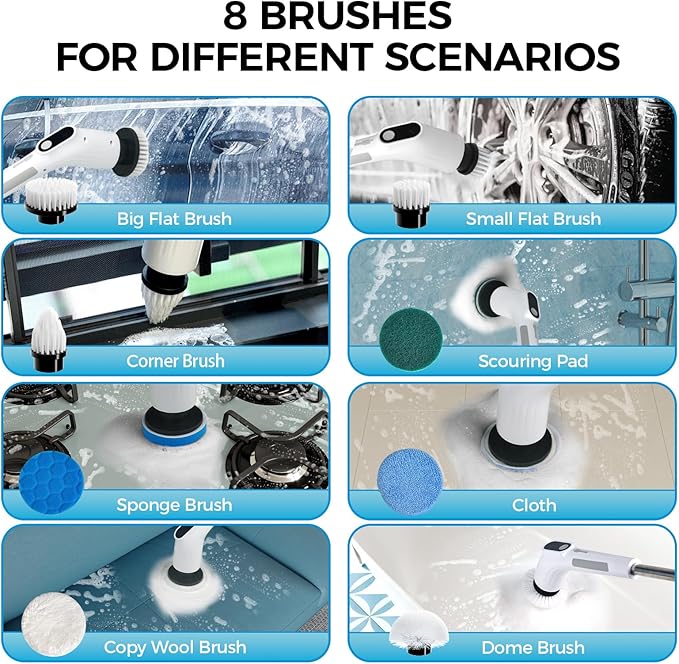 TBFWiCO Electric Spin Scrubber, Shower Cleaning Brush with 8 Replaceable Brush Heads, IPX7 Waterproof & 50KGF High-Torque Motor, Adjustable Long Handle, for Bathroom, Kitchen, Tile & Floor Cleaning