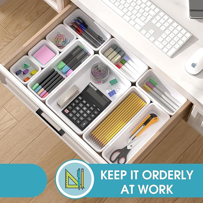 25 PCS Drawer Organizer Set, 4 Size Makeup Drawer Divider Organizer With Non-Slip Pads, Interlocking Plastic Storage Bins for Office,Jewelry Vanity,Gadgets, Bathroom,Kitchen, White