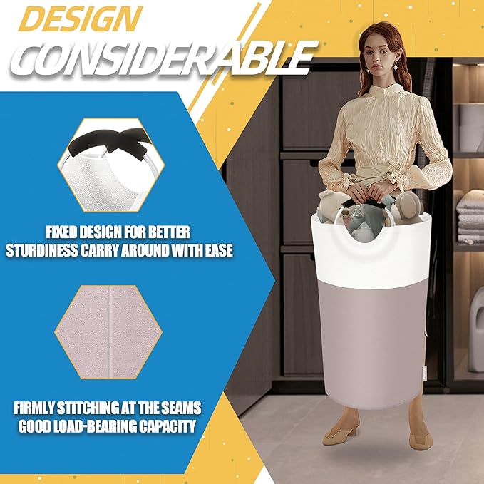 100L Laundry Basket, Collapsible Laundry Hamper with Padded Handles, Waterproof Laundry Bag, Tall Clothes Hamper Stand Up Well, Foldable Laundry Baskets for Easy Storage(Khaki)