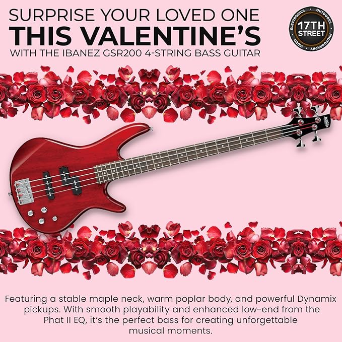 Ibanez GSR200 4-String Bass Guitar (Transparent Red) - Right Handed Poplar Body Bass with GSF50 Powerpad Strap, 15 Pack Guitar Picks with Storage Box & Microfiber Cleaning Cloth (Bundle Set)