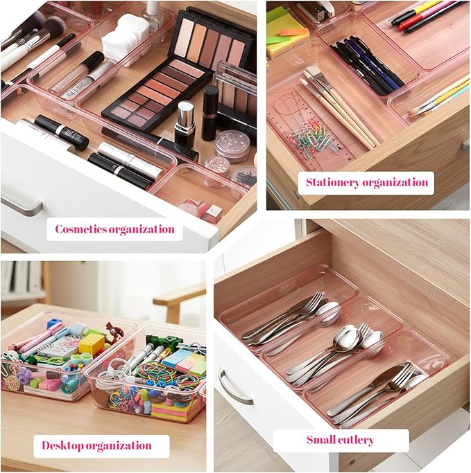 25pcs Pink Plastic Drawer Organizer Set, Clear Stackable Drawer Organizer,Kitchen Drawers Dividers for Bathroom, Office, Kitchen Cabinets and Dressing Tables