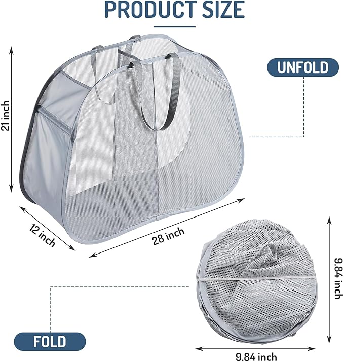 Mesh Popup Laundry Hamper 2 Compartment, Collapsible Laundry Sorter Basket Foldable Hamper for Clothes, College Dorm, Travel (Gray)
