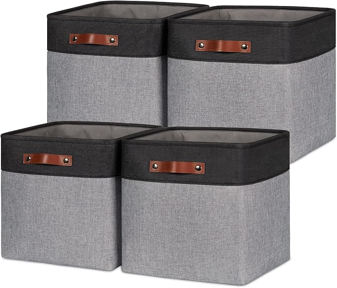 HNZIGE 13x13x13 Storage Baskets (4 Pack) Large Fabric Storage Cubes for Shelves, Storage Cube Bins for Gift with Leather Handles for Home, Kids Room, Closet (White&Black)
