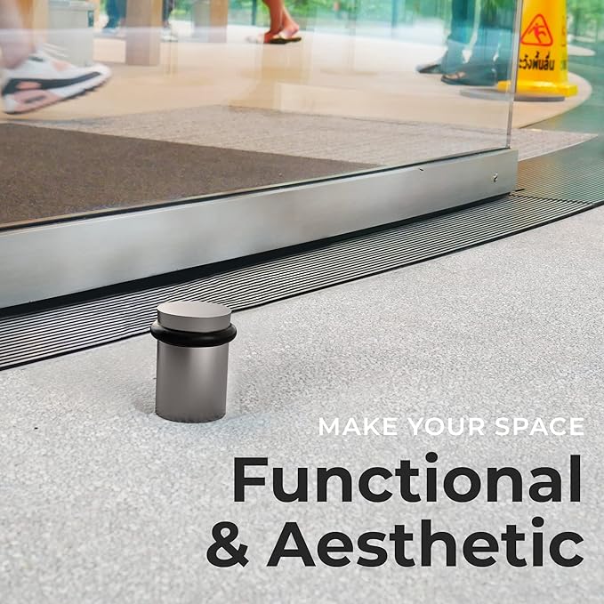 NYCO - Floor Door Stopper Chrome Door Stop - Classy Solid Steel Modern Heavy Duty Door Stoppers - Floor Mount Anchor Screw - Wall Protector for Commercial Door (1.5 Inch Satin Chrome Finish)